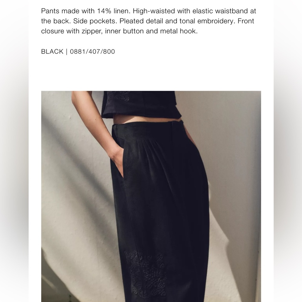 Zara NWT multi pleat linen blend embroidered pants black 0881/407 - Picture 8 of 10